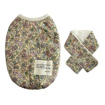 퍼니퍼플 강아지 반려동물 옷 빈티지 플라워 패딩 조끼+목도리, 옐로우 L