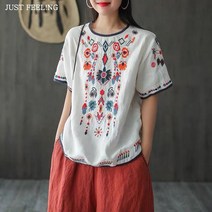 JUST FEEL!NG 여름 여성 면마 반팔 티셔츠 빈티지 자수 루즈핏 블라우스 코디 라운드 넥 질 좋은 남방