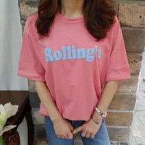 상상그이상 여성용 국내제작 롤링 반팔 티셔츠 발포 레터링 포인트 비비드한 컬러풀 티셔츠 프린팅 어디에나 코디 가능한 사계절 간편한 기본 티셔츠