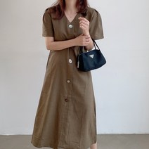 먼데이홀릭 린넨 브이넥 자개단추 A라인 반팔 원피스