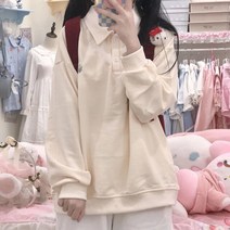 카라맨투맨 티셔츠 오버 루즈핏 HOUZHOU귀여운 자수 칼라 스웨트셔츠 여자용 일본 패션 핑크 프레피 풀오버 겨울 상품