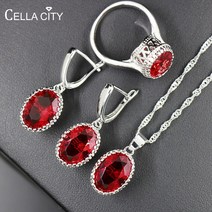 Cellacity 11 색 실버 925 쥬얼리 세트 여성용 타원형 보석 링 귀걸이 목걸이 루비 사파이어 에메랄드 웨딩|Jewelry Sets|