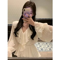 브라이덜 샤워 원피스 리마인드 웨딩 연주 드레스 주름 프릴 여성 의류 긴팔 흰색 긴