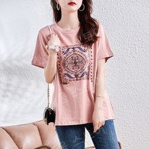 9월 Momo 유럽 역 대형 새 면 프린트 비즈 반팔 티셔츠 루즈한 지방 자매 여성 의류 2023