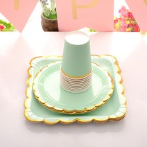 다색 파마 생일 파티 단색 일회용 식기 파티 레이스 접시 일회용 종이 접시 종이컵 나이프 포크 숟가락, 그린, 네모 9인치 10개, 원반 9인치 10개, 원반 7인
