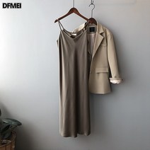 DFMEI 새틴 나시 원피스 여 롱 브이넥 기질 날씬해 보이는 이너 이너 롱스커트