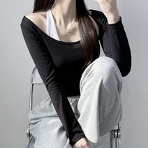 무지 레이어드 오프숄더 크롭 티셔츠 여자 슬림 긴팔티셔츠 데일리 꾸안꾸