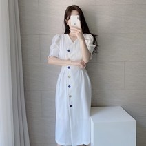 비비미미 하객 브이넥 보석단추 셔링 퍼프 반팔 롱 원피스 결혼식 돌잔치 피로연 상견례