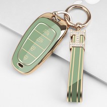 엘와이큐 현대 쏘나타DN8 4 5 7버튼 스마트 키케이스 + H큐빅 스트랩, 4버튼, 골드-민트그린