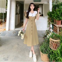 빅사이즈 여성복 프릴 레이스 A라인 미디 원피스 레트로 퍼프 소매 컨셉사진 스쿨룩