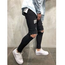 찢어진청바지 데님 남성용 스트릿웨어 청바지 무릎 찢어진 스키니 힙합 패션 구멍 뚫린 바지 단색 남성 스트레치 캐주얼 데님 빅 팬츠