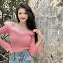 크롭티셔츠가을 겨울 오프 숄더 패션 모피 탱크 탑 캐주얼 솔리드 컬러 니트 숏 스타일 크롭 여성 Y57