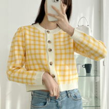하젤 히운카라멜 체크 크롭 가디건_S0804