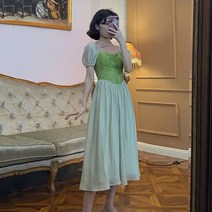 Mayfox프렌치 시폰 접합 주름 원피스 여성 미디엄 롱 봄 여름 신상품 반팔 스커트 w