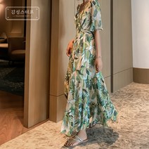 GSTUFF 여름 비치웨어 그린 휴양지 롱 원피스
