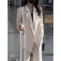 투피스 정장 세트 여름 여성 블레이저 오피스룩 빈티지 캐주얼 루즈 핑크 블랙 재킷 단색 스트레이트 바지 비즈니스 2피스