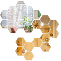 24 장 육각 거울 아크릴 접착 벽 스티커 거울 가족 거실 침실 소파 TV 배경 벽 장식용 프레임리스 거울 타일 (실버 + 골드)