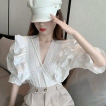 셔링 주름 레이스 펀칭 퍼프 소매 반팔 블라우스