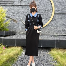 꽃소담 여자 배색 롱 셔츠원피스 슬림핏 긴팔원피스 QQJ792