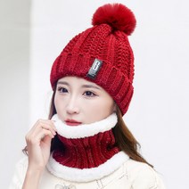 에르모소 여성 겨울 방한모자 기모안감 레저활동 B패치 방울모자 넥워머세트 H-H004