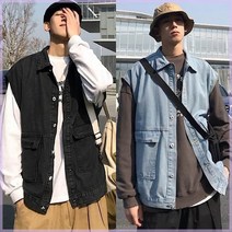 청 자켓 데님 연 흑 조끼 베스트 올드스쿨룩 남성 남자 봄 간절기 아우터 IZ2 오버핏 편한 데일리 기본 베이직 심플 아이템