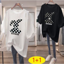 Runke 여성 빅사이즈 오버핏 반팔 롱박스 캐주얼 롱 여름 티셔츠 1+1
