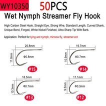 Bimoo-고 탄소강 가시 플라이 타이 후크 건식 습식 캐디스 플라이 님프 스트리머 이머저 번데기 송어 낚시 미끼 50 개, 14, WY10350 50pcs