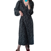 가을 꽃무늬 링클 프리 브이넥 쉬폰 롱 슬림 원피스