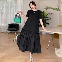 [이꾸띠] 루우너리 여름 2040 여성 라운드넥 무지 밑단 플리츠 스타일 원컬러 반팔 롱 원피스