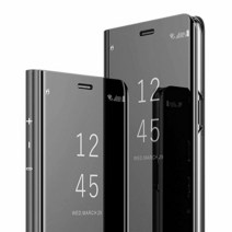 미국발송 Omorro 갤럭시 S23 울트라 럭셔리 클리어 뷰 전기 도금 거울 메이크업 디자인 플립 지갑 360 풀 바디 내장 화면 보호 슬림 하드 미러 킥스탠드 커버 블랙