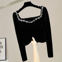 크롭 벨벳블라우스 프렌치 빈티지 다이아몬드 벨벳 니트 무대의상 댄스복