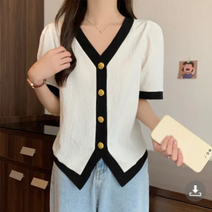 L~4XL 여성 트위드 스타일 테이핑 배색 금장 단추 여름 반팔 쉬폰 블라우스 E0294