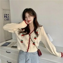 간절기아우터 봄자켓 가을 최신 카디건 여성 달콤한 우아한 v 넥 러블리 체리 패치 워크 숙녀 아웃웨어 부드러운 하이 스트리트 레저 유행 세련된