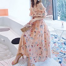 다이뻐 DAIBBU 리틀깽스 어깨 트임 프릴 하늘하늘 쉬폰 롱원피스 여름휴가패션 비치웨어