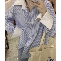 피크닉언니룩 배색카라 스트라이프 루즈핏셔츠 블라우스