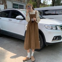캐주얼 멜빵 골덴 원피스 플레어 루즈핏 롱 원피스 겨울 기모 드레스