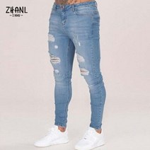 스키니 힙합 스카이 블루 청바지 남성용 찢어진 슬림 피트 데님 스트리트웨어