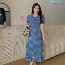 여성 반팔 심플 체크 데님 원피스 롱 미디 트윈룩 데일리룩 간절기 캐주얼 청원피스 여친룩