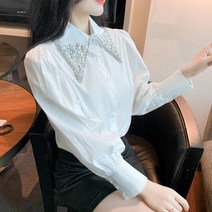 나루니 W02768 비즈장식 모조보석 셔츠 화이트 흰색 뾰족카라 나바카라 예쁜