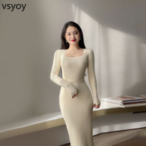 VSYOY 새로운 가벼운 성숙한 스타일 니트 드레스 여성용 긴팔 슬림 핏 타이트 허리 힙 랩 드레스 우아한 가을과 겨울