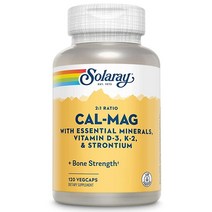 Solaray Cal-Mag 필수 미네랄이 함유된 칼슘 마그네슘 스트론튬 비타민 D-3 및 K-2 30회 분량 식물성 캡슐 120개