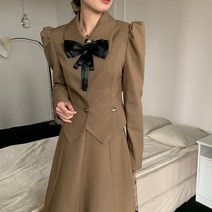 여성시크 캐주얼 정장 투피스 리본 볼륨 슬림 쉬즈 리본 투피스 프릴 스커트 하객룩 스탈리쉬