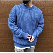 베이직 파스텔 오버핏 따뜻한 두툼 하찌 남자 라운드 니트 블루 카키 블랙