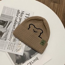 KORELAN 귀여운 곰 자수 모직 모자 여성 겨울 따뜻한 보호 니트 모자 남성 야생 차가운 모자의 한국어 버전