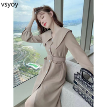 vsyoy 가을 인형 칼라 드레스 여성의 새로운 프랑스 복고풍 카키색 기질 허리 슬림 롱 스커트