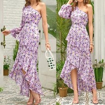 (키엠드레스) 원숄더 퍼플 플라워 쉬폰 언발란스 캉캉 프릴 롱 원피스 휴양지 바캉스