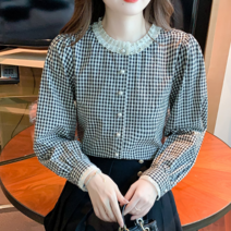 [최저가]여성 진주포인트 체크무늬 블랙 긴팔 셔츠 블라우스
