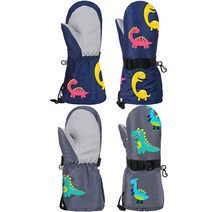 아동용 스키 장갑 2쌍 긴 소매 겨울 눈 방수 장갑 유아 스노보드 장갑 2-4세 남아 여아 (공룡 미디엄)
