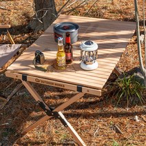 [캠핑소형롤테이블] 아웃도어웍스 캠핑 테이블 접이식 높이조절 원목 우드롤 캠핑용 롤테이블, 우드베이지