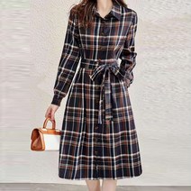 다이뻐 리틀깽스 빅사이즈 셔츠카라 가을 간절기 단추 루즈핏 네이비 리본 체크 원피스